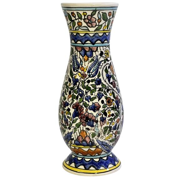 Israeli Pottery 12" Hand Painted Vibrant Glazed Floral Geometric Art Vase - Picture 2 of 8